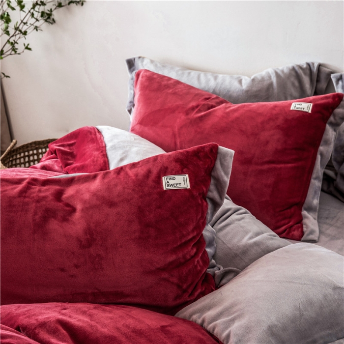 91家纺网 家纺一手货源 找家纺 润缦 2019新款牛奶绒终版四件套 草莓红浅灰