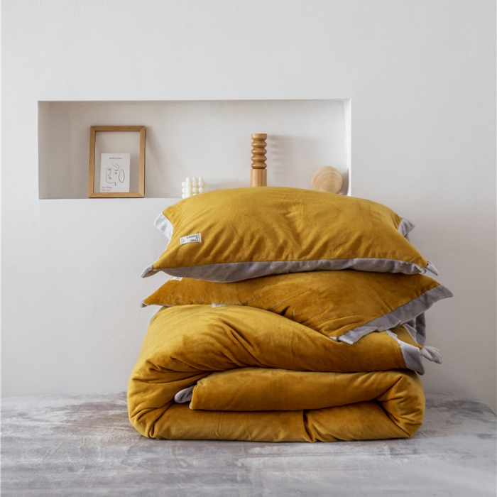 91家纺网 家纺一手货源 找家纺 润缦 2019新款牛奶绒终版四件套 秋黄浅灰