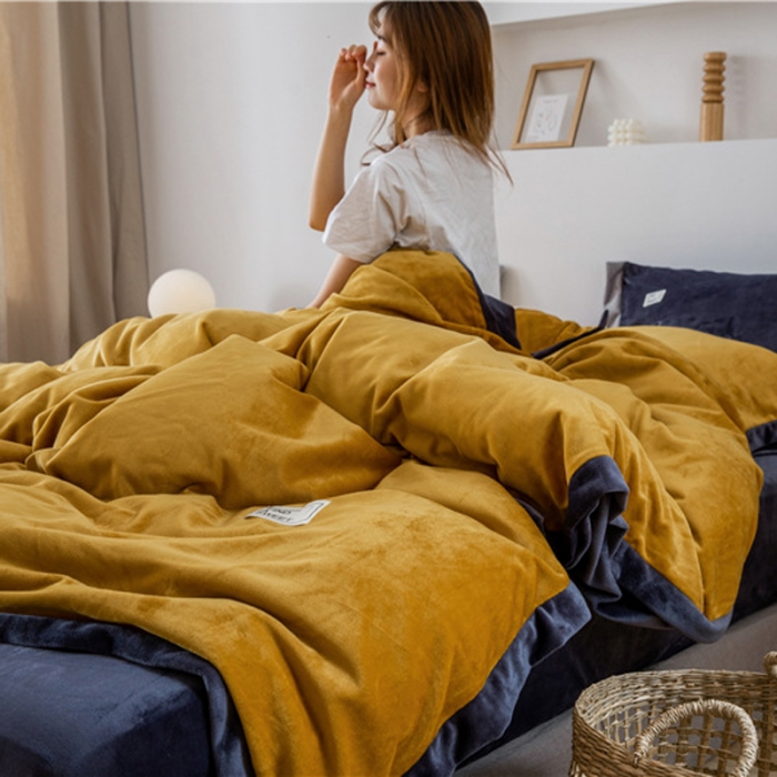 91家纺网 家纺一手货源 找家纺 润缦 2019新款牛奶绒终版四件套 秋黄深灰