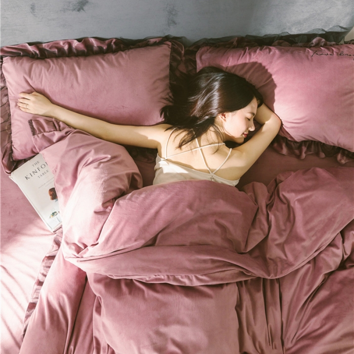 91家纺网 家纺一手货源 找家纺 润缦 2019新款水晶绒蕾丝边四件套 蕾丝-豆沙