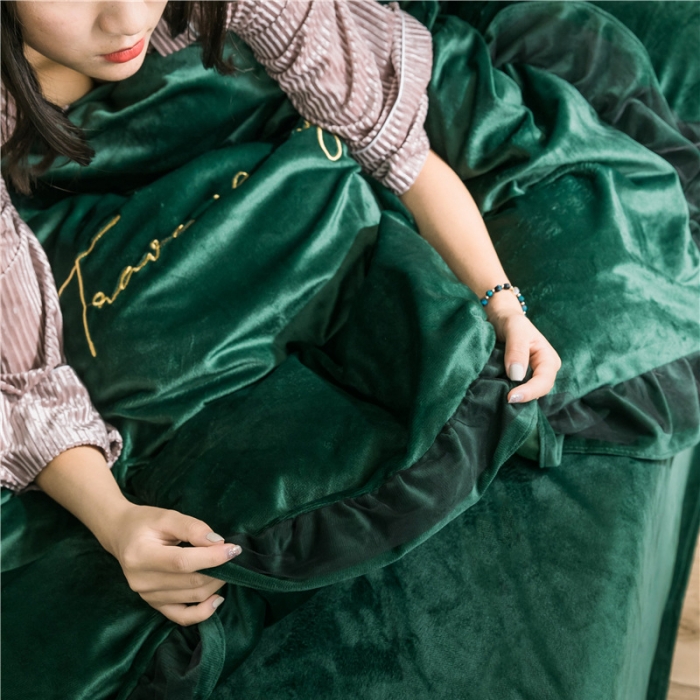 91家纺网 家纺一手货源 找家纺 润缦 2019新款水晶绒蕾丝边四件套 蕾丝-墨绿