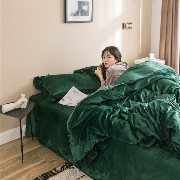 91家纺网 家纺一手货源 找家纺 润缦 2019新款水晶绒蕾丝边四件套 蕾丝-墨绿