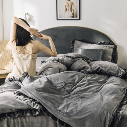 润缦 2019新款水晶绒蕾丝边四件套 蕾丝-浅灰