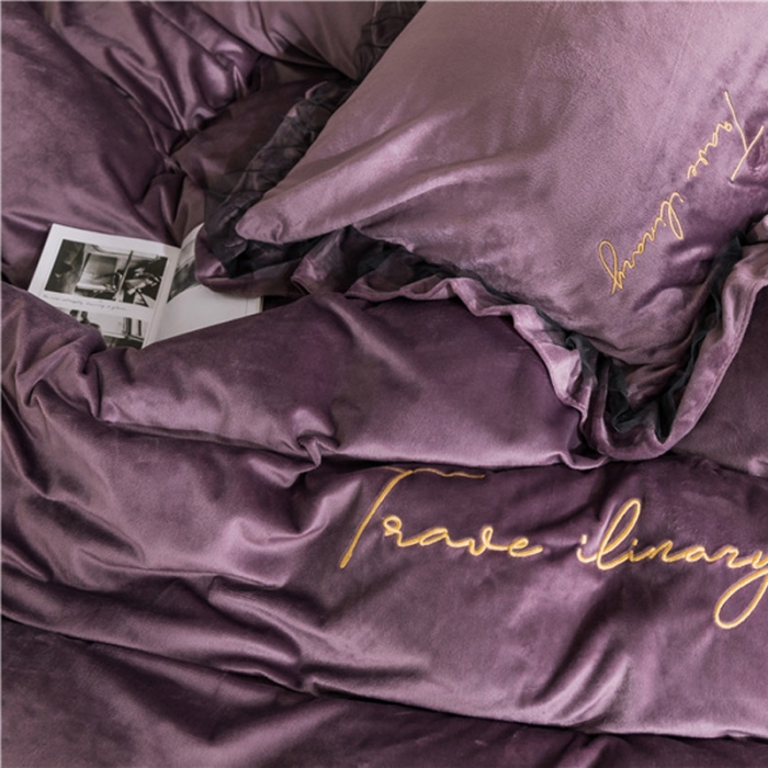 91家纺网 家纺一手货源 找家纺 润缦 2019新款水晶绒蕾丝边四件套 蕾丝-紫色