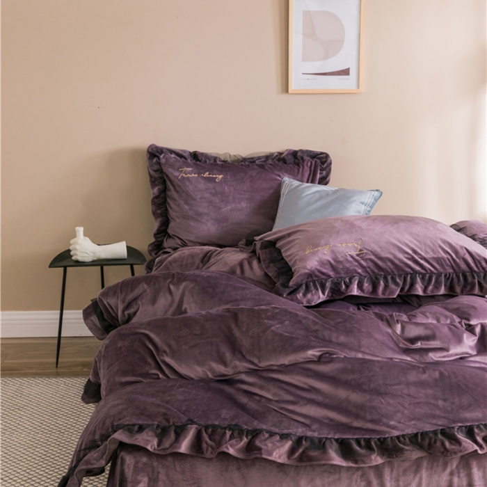 91家纺网 家纺一手货源 找家纺 润缦 2019新款水晶绒蕾丝边四件套 蕾丝-紫色