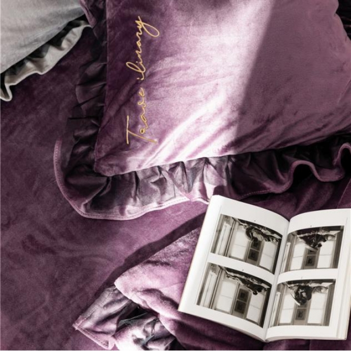 91家纺网 家纺一手货源 找家纺 润缦 2019新款水晶绒蕾丝边四件套 蕾丝-紫色