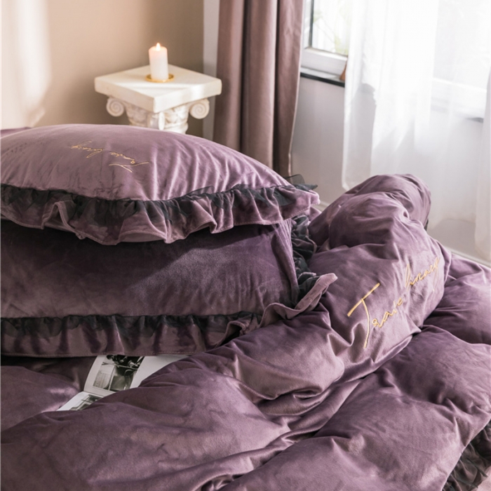 91家纺网 家纺一手货源 找家纺 润缦 2019新款水晶绒蕾丝边四件套 蕾丝-紫色