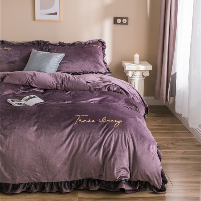 91家纺网 家纺一手货源 找家纺 润缦 2019新款水晶绒蕾丝边四件套 蕾丝-紫色