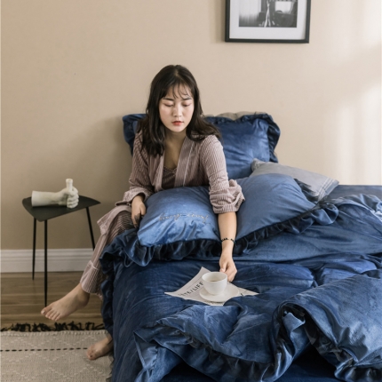 91家纺网 家纺一手货源 找家纺 （总）润缦 2019新款水晶绒蕾丝边四件套