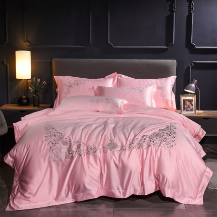 安妮 2020新款水洗真丝欧若拉刺绣四件套 欧若拉-粉色