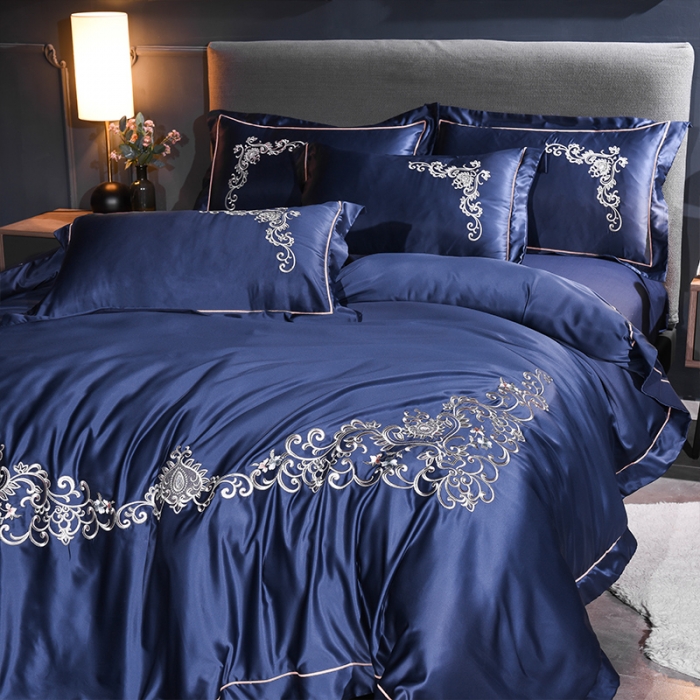 91家纺网 家纺一手货源 找家纺 安妮 2020新款水洗真丝欧若拉刺绣四件套 欧若拉-深蓝