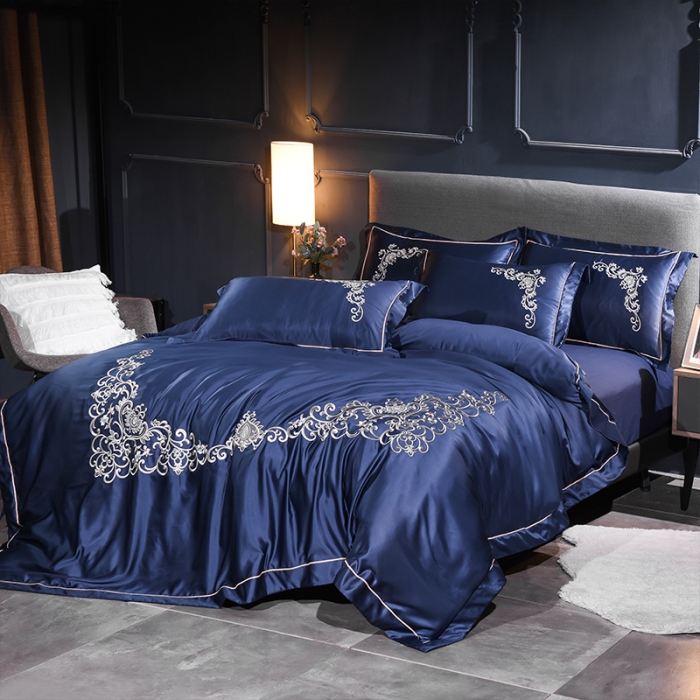 91家纺网 家纺一手货源 找家纺 安妮 2020新款水洗真丝欧若拉刺绣四件套 欧若拉-深蓝