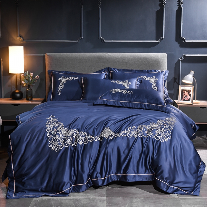 91家纺网 家纺一手货源 找家纺 安妮 2020新款水洗真丝欧若拉刺绣四件套 欧若拉-深蓝