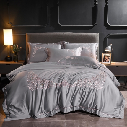 安妮 2020新款水洗真丝欧若拉刺绣四件套 欧若拉-银灰