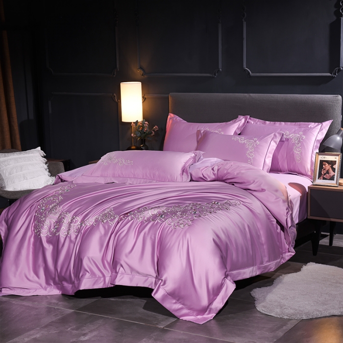 91家纺网 家纺一手货源 找家纺 安妮 2020新款水洗真丝欧若拉刺绣四件套 欧若拉-雪青