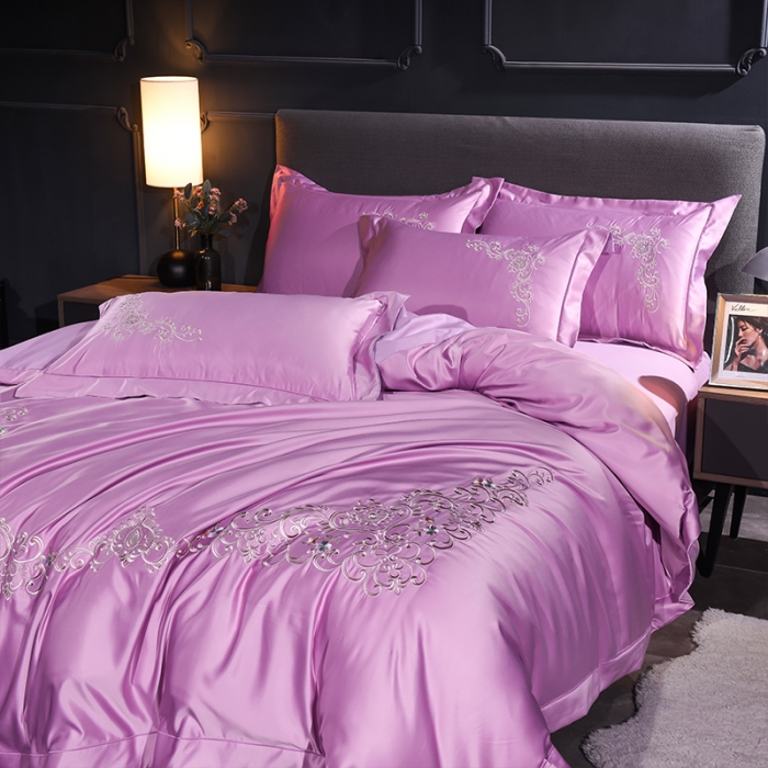 91家纺网 家纺一手货源 找家纺 安妮 2020新款水洗真丝欧若拉刺绣四件套 欧若拉-雪青