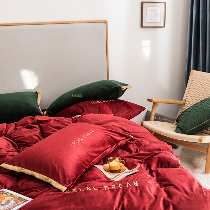 91家纺网 家纺一手货源 找家纺 安妮 2020赛琳娜丽丝绒水晶绒四件套床单款《带包装》 酒红