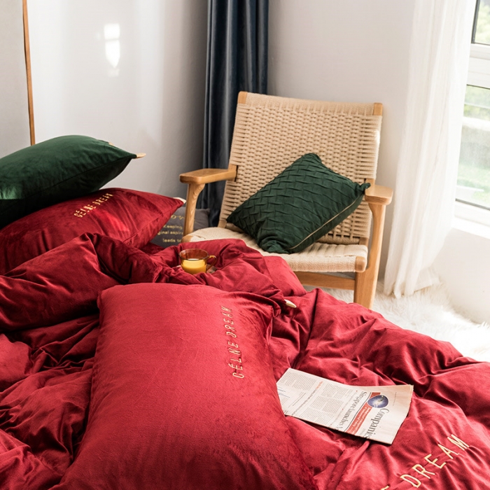 91家纺网 家纺一手货源 找家纺 安妮 2020赛琳娜丽丝绒水晶绒四件套床单款《带包装》 酒红