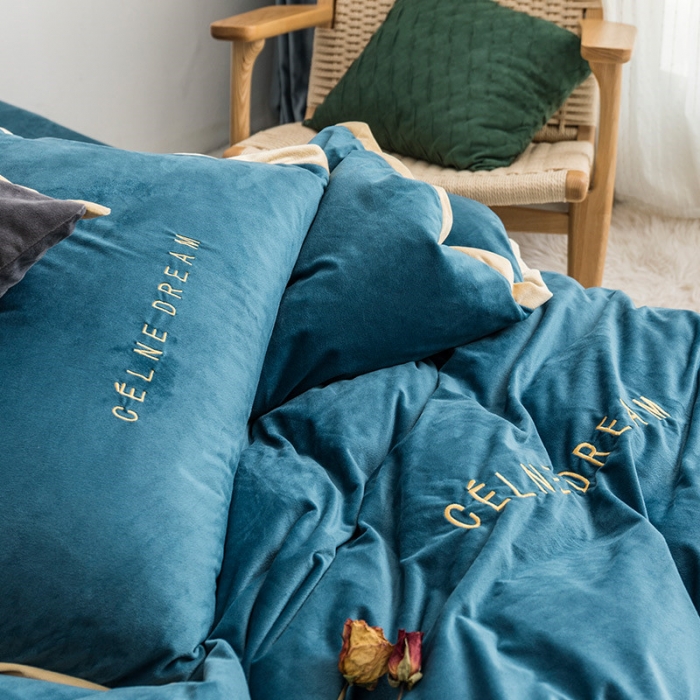 91家纺网 家纺一手货源 找家纺 安妮 2020赛琳娜丽丝绒水晶绒四件套床单款《带包装》月光蓝