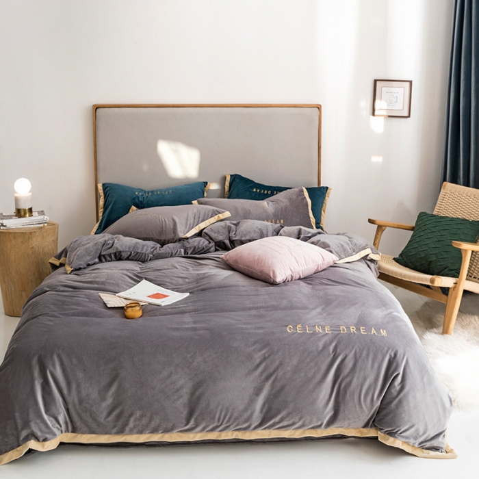 91家纺网 家纺一手货源 找家纺 安妮 2020赛琳娜丽丝绒水晶绒四件套床单款《带包装》 银灰