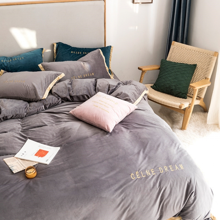 91家纺网 家纺一手货源 找家纺 安妮 2020赛琳娜丽丝绒水晶绒四件套床单款《带包装》 银灰