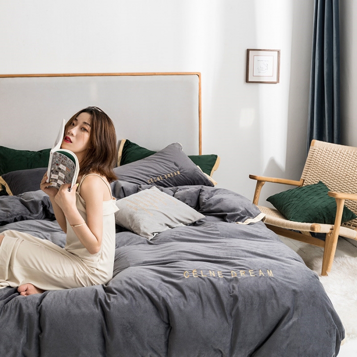 91家纺网 家纺一手货源 找家纺 安妮 2020赛琳娜丽丝绒水晶绒四件套床单款《带包装》高级灰