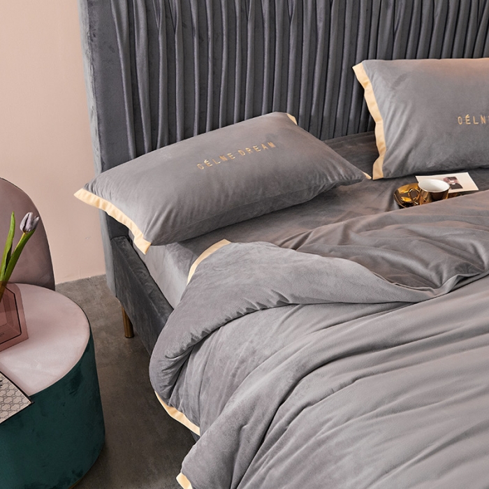 91家纺网 家纺一手货源 找家纺 安妮2020赛琳娜丽丝绒水晶绒四件套床单款带包装棚拍图 银灰