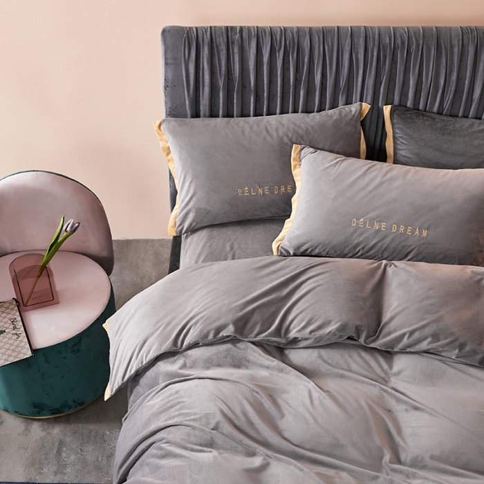 91家纺网 家纺一手货源 找家纺 安妮2020赛琳娜丽丝绒水晶绒四件套床单款带包装棚拍图 银灰