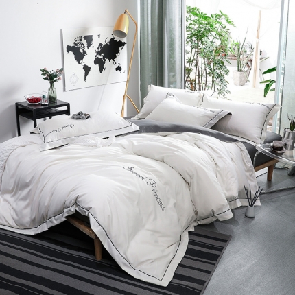 骏腾  2022新款甜蜜公主系列水洗冰丝四件套 白灰