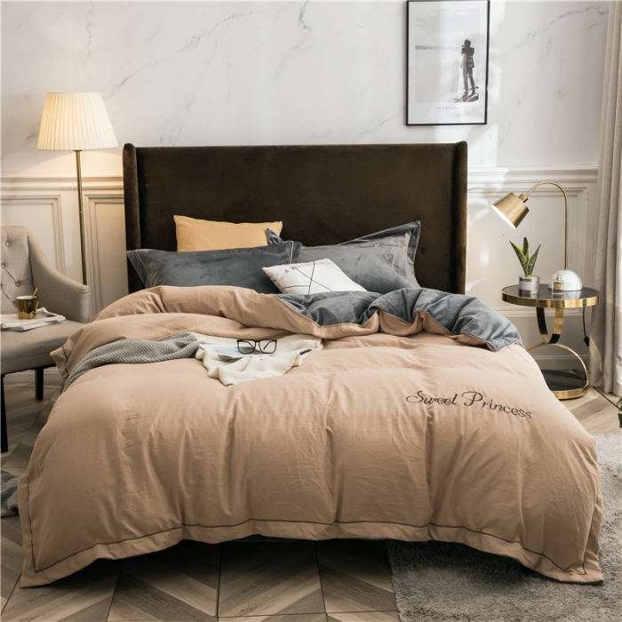 91家纺网 家纺一手货源 找家纺 骏腾 2022新款甜心公主水晶绒绣花四件套 甜心公主-卡其灰