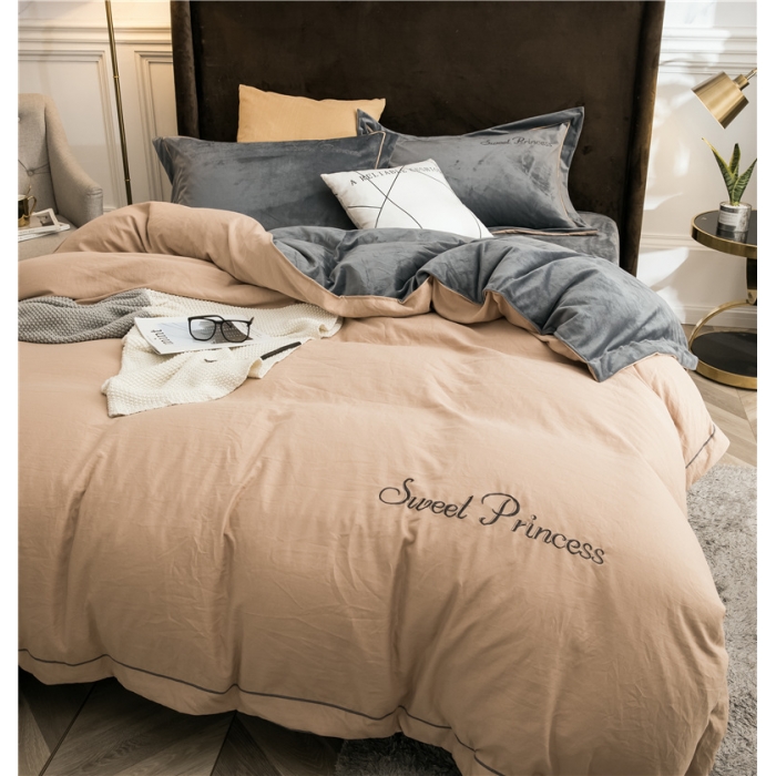 91家纺网 家纺一手货源 找家纺 骏腾 2022新款甜心公主水晶绒绣花四件套 甜心公主-卡其灰