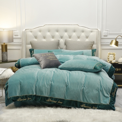 米奈 水晶绒绣花贴边挚爱系列水晶绒四件套 绿色