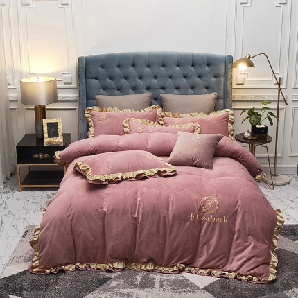 91家纺网 家纺一手货源 找家纺 （总）米奈 2020新款水晶绒荷叶边绣花四件套伊琳系列实拍图