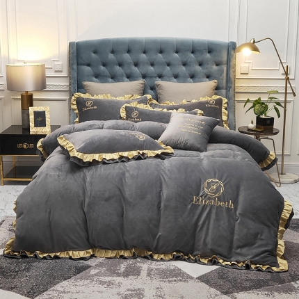 91家纺网 家纺一手货源 找家纺 （总）米奈 2020新款水晶绒荷叶边绣花四件套伊琳系列实拍图