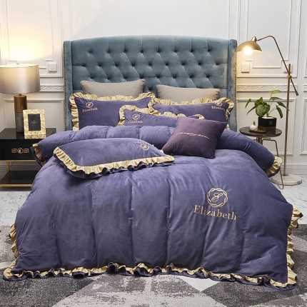 91家纺网 家纺一手货源 找家纺 米奈 2020新款水晶绒荷叶边绣花四件套伊琳系列实拍图 紫色