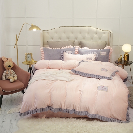 米奈 水晶绒贴布绣花四件套米可系列 淡粉