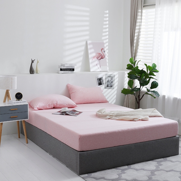 91家纺网 家纺一手货源 找家纺 小米笠 2019新款针织天竺棉床笠床罩 浅粉