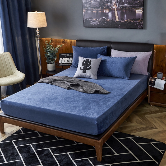 91家纺网 家纺一手货源 找家纺 小米笠 2019新款160克水晶绒床笠床罩 深蓝