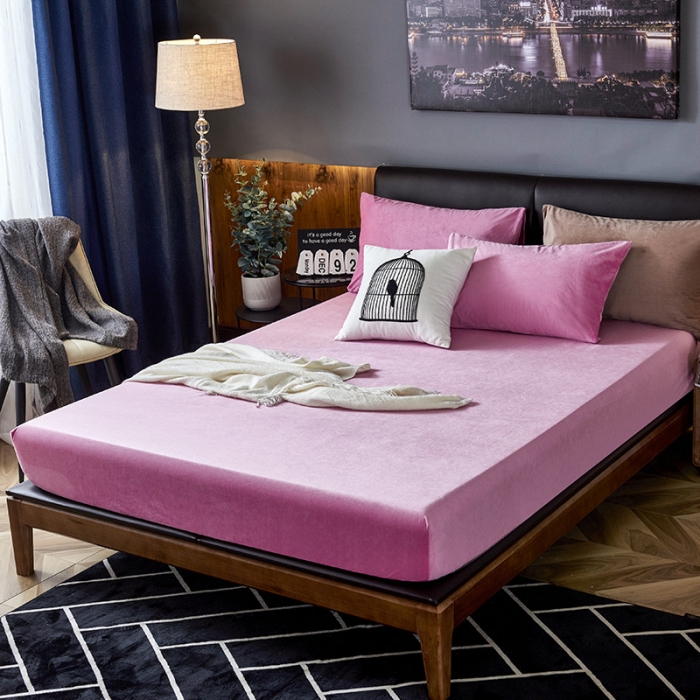 91家纺网 家纺一手货源 找家纺 小米笠 2019新款200克水晶绒床笠床罩 亮粉