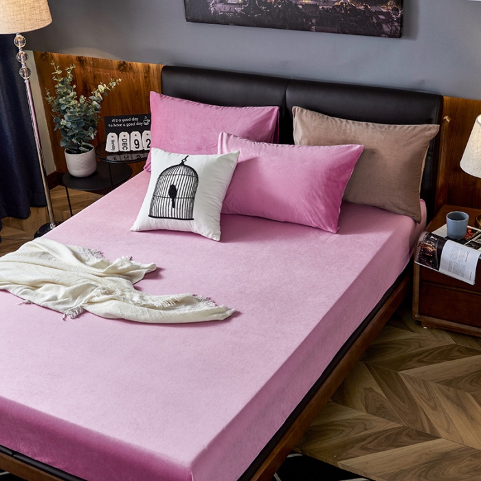 91家纺网 家纺一手货源 找家纺 小米笠 2019新款200克水晶绒床笠床罩 亮粉