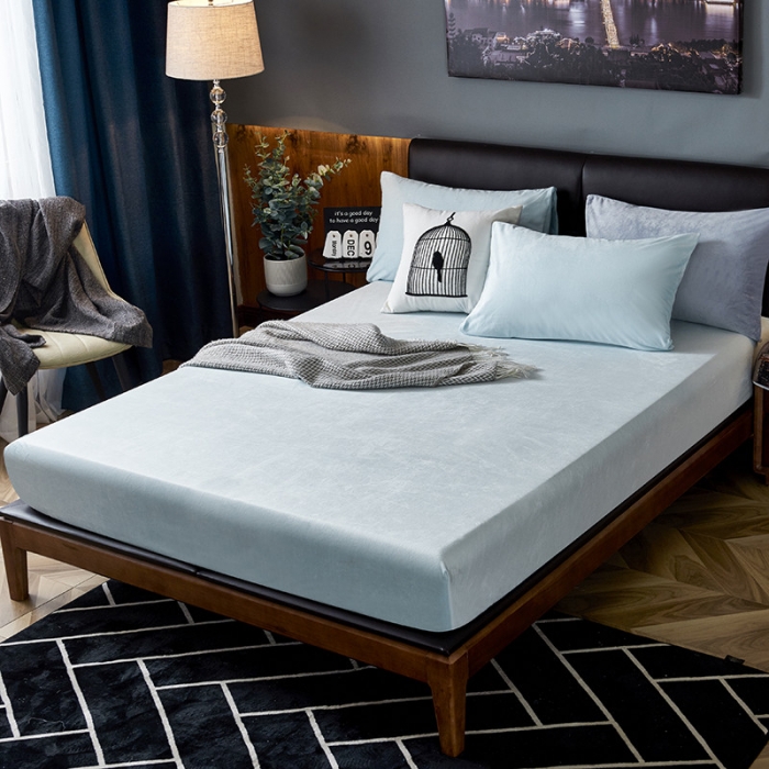 91家纺网 家纺一手货源 找家纺 小米笠 2019新款200克水晶绒床笠床罩 天蓝