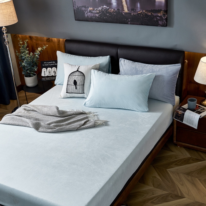 91家纺网 家纺一手货源 找家纺 小米笠 2019新款200克水晶绒床笠床罩 天蓝