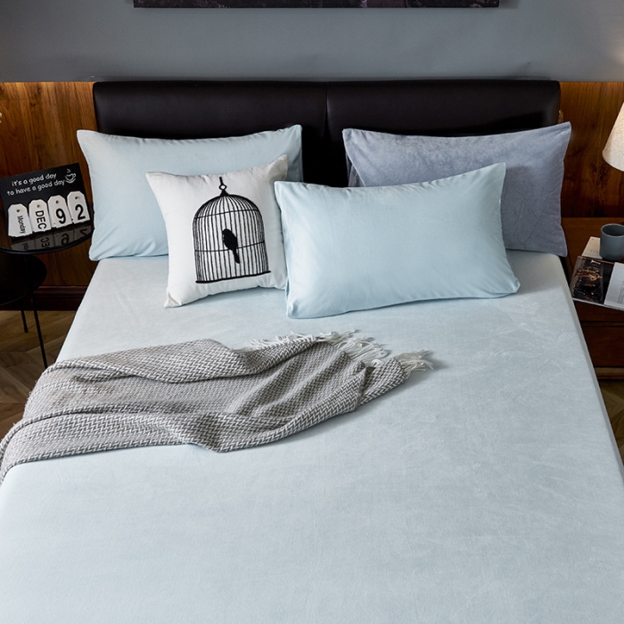 91家纺网 家纺一手货源 找家纺 小米笠 2019新款200克水晶绒床笠床罩 天蓝
