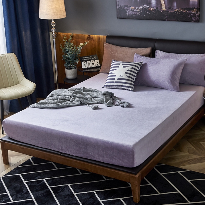 91家纺网 家纺一手货源 找家纺 小米笠 2019新款200克水晶绒床笠床罩 灰紫