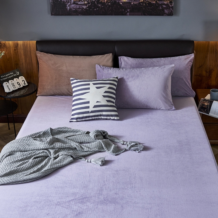 91家纺网 家纺一手货源 找家纺 小米笠 2019新款200克水晶绒床笠床罩 灰紫