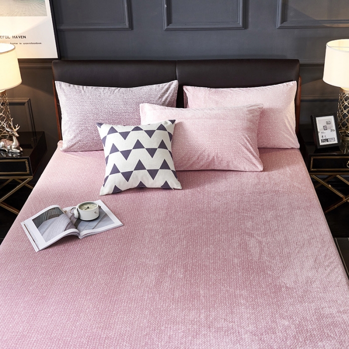 91家纺网 家纺一手货源 找家纺 小米笠 2019新款水晶绒印花床笠床罩 雪花-粉