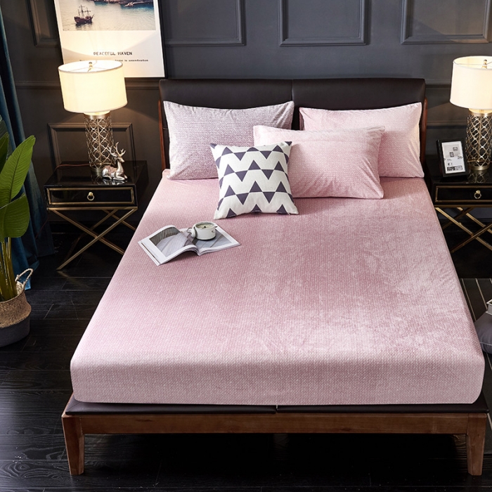 91家纺网 家纺一手货源 找家纺 小米笠 2019新款水晶绒印花床笠床罩 雪花-粉