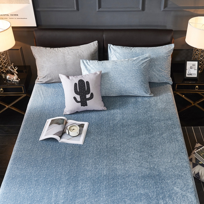 91家纺网 家纺一手货源 找家纺 小米笠 2019新款水晶绒印花床笠床罩 雪花-蓝