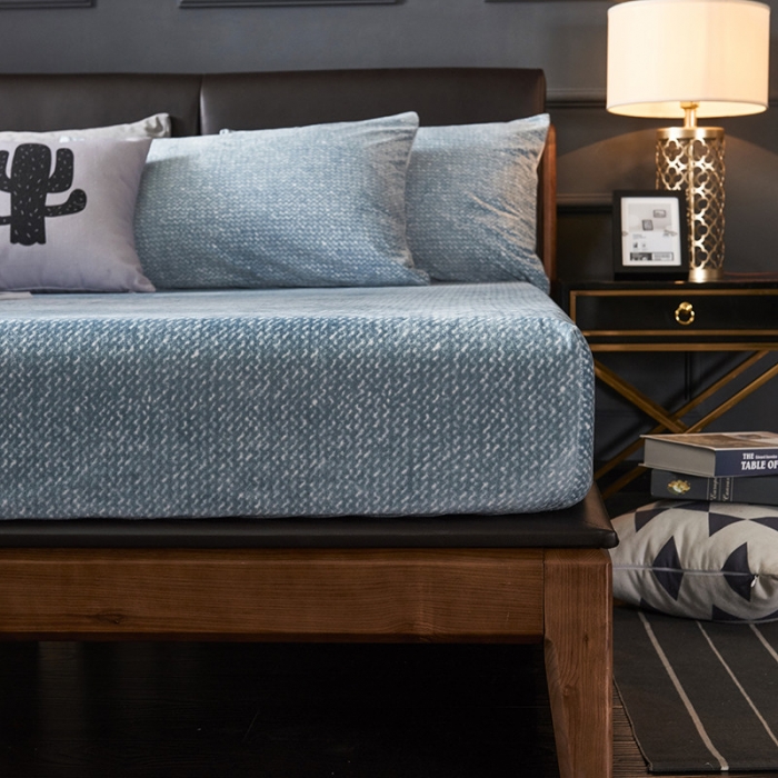 91家纺网 家纺一手货源 找家纺 小米笠 2019新款水晶绒印花床笠床罩 雪花-蓝