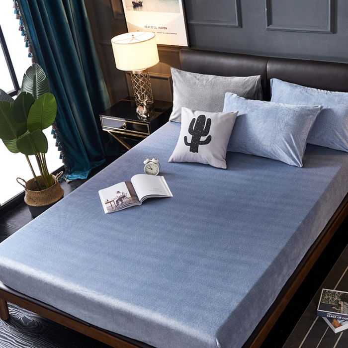 91家纺网 家纺一手货源 找家纺 小米笠 2019新款水晶绒印花床笠床罩 条纹蓝